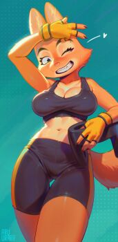 1girl absurdly_long_tail absurdres animal_ears animal_nose arm_up blush breasts brown_eyes crop_top curvy diane_foxington dreamworks fingerless_gloves fox fox_ears fox_girl fox_tail furry furry_female gloves gym_shorts gymwear helmet highres long_ears medium_breasts navel one_eye_closed orange_fur shadow shirt shirt_tug short_shorts shorts simple_background sleeveless sleeveless_shirt sweat sweatdrop tail the_bad_guys_(movie) two-tone_fur wide_hips workout_clothes