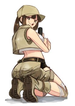 1girl ass belt boots bright_pupils brown_boots brown_hair brown_hat crop_top fio_germi full_body glasses gun hat highres holding holding_gun holding_weapon kneeling looking_at_viewer looking_back metal_slug open_mouth simple_background solo tikuwabu_33 weapon white_background white_pupils