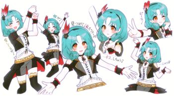 1girl :d ^_^ absurdres arm_up black_hairband black_overskirt black_shorts black_thighhighs black_vest black_wrist_cuffs blush closed_eyes commentary_request cropped_vest eighth_note feather_hair_ornament feathers frilled_wrist_cuffs frills green_hair grey_shorts hair_ornament hairband highres idolmaster idolmaster_million_live! kiraku_(s2_ou0uo_s2) medium_hair multiple_views musical_note one_eye_closed open_mouth orange_eyes overskirt red_feathers shorts simple_background smile standing thighhighs tokugawa_matsuri translation_request two-tone_shorts v v-shaped_eyebrows vest white_background wrist_cuffs