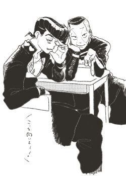 2boys chair desk diamond_wa_kudakenai facial_mark gakuran greyscale halftone hand_on_own_face heart heart_ornament higashikata_josuke highres jacket jojo_no_kimyou_na_bouken looking_at_viewer male_focus monochrome multiple_boys nijimura_okuyasu pants peace_symbol pompadour school_desk school_uniform shirt short_hair sitting sketch smile t_0nd v