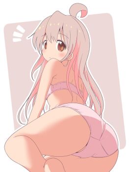 1girl ahoge ass bare_arms bare_legs bare_shoulders barefoot blush border bra breasts brown_eyes colored_inner_hair commentary from_behind grey_hair highres long_hair looking_at_viewer looking_back multicolored_hair notice_lines onii-chan_wa_oshimai! outline outside_border oyama_mahiro panties parted_lips pink_bra pink_hair pink_panties simple_background small_breasts solo two-tone_hair underwear underwear_only unkimo white_border white_outline