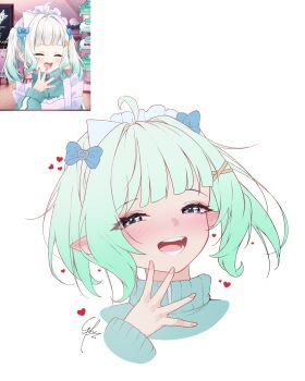 1girl alternate_costume blue_eyes commentary cropped_torso densetsu.exe english_commentary fang fingernails gradient_hair green_hair green_jacket hair_ornament hairclip hand_up heart high_collar highres jacket jersey_maid laughing looking_at_viewer maid maid_headdress mint_fantome multicolored_hair open_mouth pointy_ears reference_inset simple_background skin_fang smug solo syxh track_jacket triangular_headpiece twintails unconventional_maid virtual_youtuber white_background x_hair_ornament