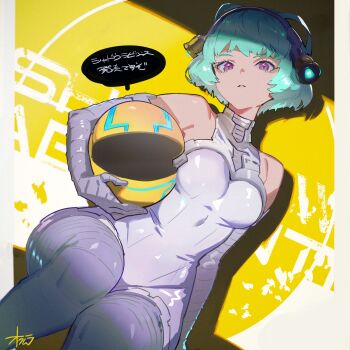 1girl absurdres artist_name bandai_namco bare_shoulders bell bodysuit breasts collared_bodysuit commentary_request copyright_name dot_nose dutch_angle elbow_gloves gloves green_hair grey_gloves grey_hairband grey_pants guest_art hair_bell hair_ornament hairband highres impasto knees_together_feet_apart looking_at_viewer medium_breasts official_art okumura_daigo pac-man_(game) pants parted_lips puck_(shadow_labyrinth) purple_eyes second-party_source shadow shadow_labyrinth short_hair signature skin_tight sleeveless sleeveless_bodysuit speech_bubble spotlight text_background thebe_(shadow_labyrinth) translation_request white_bodysuit yellow_background