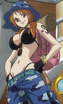 1girl alternate_costume alternate_hairstyle anime_screenshot backpack bag bikini bikini_under_clothes black_bikini blue_pants breasts brown_eyes cropped curvy gloves hands_on_own_hips hat highleg highleg_bikini large_breasts log_pose looking_at_viewer low_twintails nami_(one_piece) navel official_alternate_costume official_alternate_hairstyle one_piece one_piece_heart_of_gold orange_hair pants ryona shiny_skin shoulder_tattoo smile swimsuit tattoo thong thong_bikini toei_company twintails wide_hips