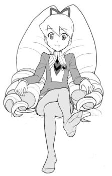 1girl bad_id bow crossed_legs dress drill_hair greyscale hair_bow heriyama long_hair lowres luna_platz_(mega_man) mega_man_(series) mega_man_star_force_(series) monochrome pantyhose sitting smile twin_drills very_long_hair