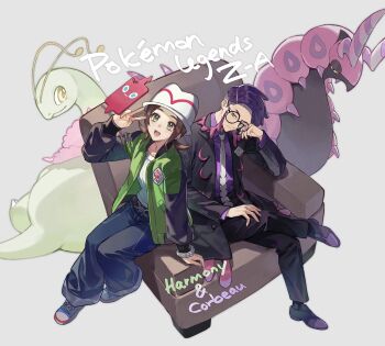 1boy 1girl bell-bottoms black-framed_eyewear brown_hair cezaria chair character_name copyright_name corbeau_(pokemon) from_above gen_2_pokemon gen_4_pokemon gen_5_pokemon glasses green_jacket harmony_(pokemon) hat highres jacket mega_ring meganium necktie nintendo open_clothes open_jacket open_mouth pants parted_hair pokemon pokemon_legends:_z-a purple_hair purple_shirt rotom rotom_phone round_eyewear scolipede shirt short_sideburns striped_hat undercut v white_hat white_necktie white_shirt