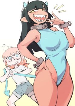2girls aged_down ahoge alternate_breast_size armpits bare_shoulders black-framed_eyewear black_hair blue_bodysuit blue_eyes blue_horns blue_shorts blue_tail blunt_bangs blunt_ends blush bodysuit breasts bright_pupils cameltoe collar colo_(nagrolaz) commentary cowboy_shot cuffs demon_horns demon_tail denim denim_shorts english_commentary feet_out_of_frame flat_chest glasses gradient_background groin hand_on_own_hip hand_on_own_face hand_up highres holding_another&#039;s_tail horns large_breasts long_hair looking_at_another mephia metal_collar multiple_girls open_mouth orange_hair rita_(sweethex) shackles sharp_teeth shirt short_eyebrows short_sleeves shorts sidelocks simple_background smile standing straight_hair sweethex tail tail_pull teeth thick_eyebrows two-tone_background upper_teeth_only wavy_mouth white_background white_pupils white_shirt yellow_background yellow_eyes