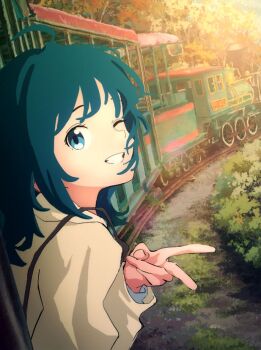 1girl ahoge blue_eyes blue_hair commentary_request day grin kikuchi_yuuichirou long_hair long_sleeves looking_at_viewer make_heroine_ga_oo_sugiru! one_eye_closed outdoors smile solo sunlight train v yanami_anna