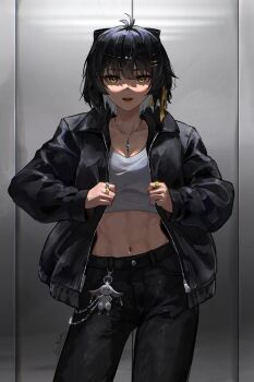 1girl abby_(wuthering_waves) absurdres alternate_costume antenna_hair black_bow black_jacket black_pants bow breasts charm_(object) cleavage collarbone commentary cowboy_shot earrings english_commentary erikvarts female_rover_(wuthering_waves) hair_bow hair_ornament hair_ribbon hairclip highres indoors jacket jewelry looking_at_viewer medium_breasts multiple_rings navel necklace open_mouth pants parallel_hairclips ribbon ring rover_(wuthering_waves) signature solo stomach toned toned_female triangle_earrings wuthering_waves yellow_eyes yellow_ribbon