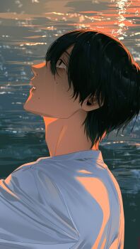 1boy absurdres adam's_apple black_hair blue_eyes commentary_request crying crying_with_eyes_open from_side highres hikaru_ga_shinda_natsu korean_commentary lasdo male_focus mole mole_on_cheek mole_under_mouth multiple_moles ocean shirt short_hair solo tears tsujinaka_yoshiki wet wet_hair white_shirt