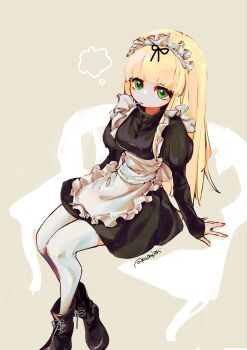 1girl alternate_costume apron black_boots black_dress black_ribbon blonde_hair boots breasts cigarette commentary_request dress enmaided frills green_eyes hair_ribbon highres holding holding_cigarette juliet_sleeves kantai_collection kusomisoni long_hair long_sleeves maid maid_headdress puffy_sleeves ribbon simple_background sitting smoking solo thighhighs twitter_username white_apron white_thighhighs yuudachi_(kancolle)