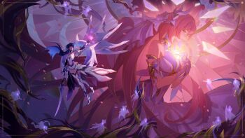 2girls aina_(mayexplode) aponia armored_leotard bare_shoulders boots breasts cleavage commentary crystal_flower kevin_kaslana_(diabolic) eden_(honkai_impact) elysia_(herrscher_of_human:_ego)_(honkai_impact) elysia_(honkai_impact) english_commentary flower fu_hua gloves griseo halo hand_up headgear high_heel_boots high_heels highres holding holding_sword holding_weapon honkai_(series) honkai_impact_3rd kalpas_(honkai_impact) kevin_kaslana kosma leotard long_hair medium_breasts mobius_(honkai_impact) multiple_girls pardofelis pink_flower pink_hair purple_hair raiden_mei raiden_mei_(herrscher_of_origin) su_(honkai_impact) sword thigh_boots thighs thirteen_flame-chasers_(honkai_impact) veil very_long_hair vill-v weapon white_gloves white_leotard white_veil yae_sakura yae_sakura_(goushinnso_memento)