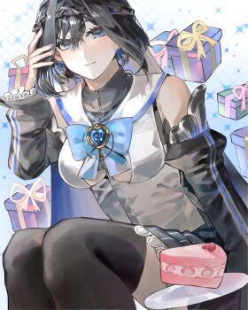 1girl black_hair black_sleeves black_thighhighs blue_bow blue_eyes bow bow_earrings box breasts cake cake_slice chain chain_headband clothing_cutout detached_sleeves earrings food gift gift_box highres hololive hololive_english jewelry large_breasts looking_at_viewer ouro_kronii ouro_kronii_(1st_costume) plate shirt solo takopapa thighhighs underboob_cutout virtual_youtuber white_shirt