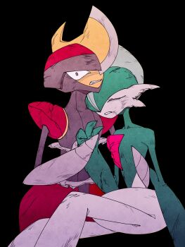 2others angry arm_blade armor battle_damage bisharp black_background broken broken_armor colored_skin cracked_armor cracked_helmet cracked_skin defeat dirt dirty dirty_face facing_another gallade gen_4_pokemon gen_5_pokemon green_hair grey_helmet grey_trim grimace hand_on_ground helmet high_contrast highres holding_hands injury leaning_on_person looking_at_viewer mohawk multicolored_skin multiple_others nintendo on_ground pokemon pokemon_(creature) pokemon_focus red_helmet red_trim scratches shoulder_pads sitting two-tone_helmet two-tone_skin umi-be-to weapon wide_hips