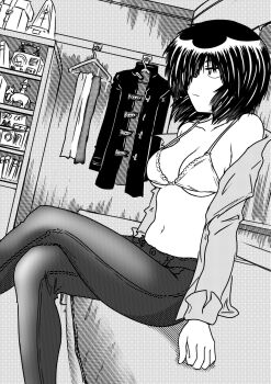 angelsbestrace bad_cat bed bedroom black_hair bra clothes_hanger coat crossed_legs hair_over_one_eye highres metronome navel nazo_no_kanojo_x open_clothes open_shirt sitting underwear urabe_mikoto