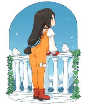 1girl ass bird black_hair bodysuit boots commentary_request final_fantasy final_fantasy_ix full_body garnet_til_alexandros_xvii gloves long_hair low-tied_long_hair onyhakase orange_bodysuit puffy_sleeves railing sky smile solo