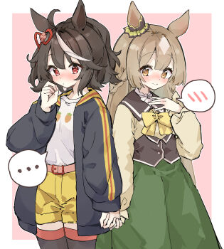 ... 2girls absurdres ahoge animal_ears belt black_hair black_thighhighs border bow bowtie braid brown_eyes brown_hair brown_shirt carrot_print closed_mouth commentary_request cowboy_shot ear_ornament food_print green_skirt highres holding_hands horse_ears horse_girl interlocked_fingers kitasan_black_(umamusume) long_hair long_sleeves mola_mola multicolored_hair multiple_girls pink_background pink_belt puffy_long_sleeves puffy_sleeves red_eyes satono_diamond_(umamusume) shirt short_hair shorts skirt smile spoken_blush spoken_ellipsis streaked_hair thighhighs umamusume white_border white_shirt yellow_bow yellow_bowtie yellow_shorts yuri