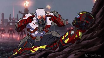 Rule 34 | 2boys, armor, artist name, bald, blood, blood on hands, cracked mask, cyborg, cyborg (helldivers), game screenshot background, game screenshot inset, gas mask, glowing, glowing eyes, helldiver (helldivers), helldivers (series), helmet, lying, mask, meme, moolamu, multiple boys, on back, pauldrons, pointing, pointing at self, prosthesis, prosthetic arm, red eyes, screenshot background, screenshot inset, shoulder armor, skull, squatting, think mark think! (meme), topless male