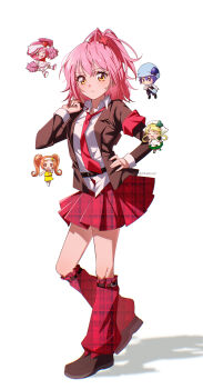 Rule 34 | 5girls, :d, apron, armband, artist name, bag, belt, black belt, black jacket, black shoes, blonde hair, blue hair, blue hat, brown hair, careful x, club (shape), commentary request, dia (shugo chara!), dress, full body, green dress, hair ornament, hairband, hand on own hip, hat, heart, heart hair ornament, highres, hinamori amu, holding, holding bag, jacket, leg warmers, looking at viewer, medium hair, miki (shugo chara!), multiple girls, neckerchief, necktie, open mouth, pink hair, pink hat, plaid clothes, plaid leg warmers, plaid skirt, pleated skirt, plus sign, pom pom (cheerleading), ponytail, ran (shugo chara!), red armband, red leg warmers, red neckerchief, red necktie, red skirt, school uniform, seiyo academy school uniform, shirt, shoes, short ponytail, shoulder bag, shugo chara!, side ponytail, skirt, smile, spade (shape), suu (shugo chara!), sweatdrop, twintails, white apron, white background, white hairband, white shirt, yellow eyes, yellow shirt, yellow skirt