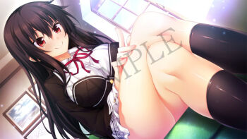 1girl black_hair black_jacket black_socks blush breasts buttons closed_mouth collared_shirt crossed_legs day dutch_angle grey_skirt hair_between_eyes hand_on_own_thigh indoors jacket kneehighs knees kuroki_michi large_breasts long_hair miniskirt neck_ribbon nora_to_oujo_to_noraneko_heart official_art oozora_itsuki pleated_skirt portrait_(object) red_eyes red_ribbon ribbon sample_watermark school_uniform shirt sitting skirt smile socks solo sunlight thighs watermark white_shirt window wing_collar