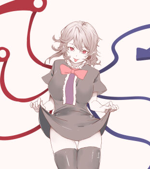 1girl asymmetrical_wings black_dress black_hair black_thighhighs blue_wings bow bowtie breasts clothes_lift commentary_request dress dress_lift frills highres houjuu_nue kanaria_(bcomn) looking_at_viewer medium_breasts medium_hair pointy_ears red_bow red_bowtie red_eyes red_wings short_sleeves smile solo thighhighs thighs tongue tongue_out touhou two-tone_wings wings