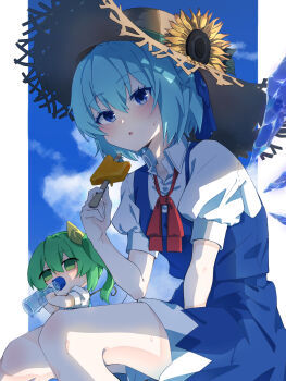 Rule 34 | 2girls, absurdres, blue bow, blue dress, blue eyes, blue hair, blue sky, bow, brown hat, chibi, circled 9, cirno, cloud, commentary request, daiyousei, day, detached wings, dress, drinking, fairy, fairy wings, flower, food, green eyes, green hair, hair bow, hat, hat flower, highres, holding, holding food, holding popsicle, ice, ice cream, ice wings, icicle, looking at viewer, multiple girls, open mouth, pinafore dress, popsicle, puffy short sleeves, puffy sleeves, shirataki oden2, short hair, short sleeves, sitting, sky, sleeveless, sleeveless dress, squatting, straw hat, summer, sunflower, sweat, touhou, wings