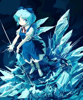 1girl absurdres blue_bow blue_dress blue_eyes blue_hair bow cirno closed_mouth commentary_request cryokinesis detached_wings doggo_1d34 dress frozen hair_bow highres ice ice_wings looking_at_viewer neck_ribbon pinafore_dress puffy_short_sleeves puffy_sleeves red_ribbon ribbon short_sleeves sleeveless sleeveless_dress smile socks solo touhou twitter_username white_socks wings