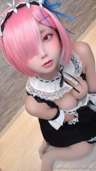 Rule 34 | 1girl, bob cut, breasts, cosplay, dress, frills, japanese (nationality), maid, nagomitei chu3, pink hair, ram (re:zero), re:zero kara hajimeru isekai seikatsu, real life, red eyes, thighhighs