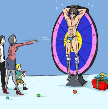 1girl 3boys ball ball_busting boots bound box gift gift_box keiichirou_(mixedfight) lace-up_boots multiple_boys ocigart target throwing