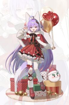 1girl absurdres ahoge balloon black_bow boots bow box capelet commentary dress fox_girl full_body gift gift_box hand_up heterochromia highres holding holding_balloon long_hair long_sleeves looking_at_viewer mond_sl pantyhose purple_hair red_boots red_capelet red_dress simple_background smile solo standing standing_on_one_leg stellive symbol-only_commentary tenko_shibuki very_long_hair virtual_youtuber white_background white_pantyhose zoom_layer