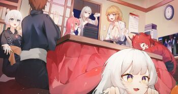 +_+ 1boy 6+girls absurdres alcohol black_kimono blonde_hair blue_eyes bottle breasts calendar_(object) chopsticks cleavage clock commentary cup dorothy_(nikke) english_commentary goddess_(nikke) goddess_of_victory:_nikke grey_hair grey_kimono highres holding holding_chopsticks holding_cup japanese_clothes kimono kotatsu kuru9763 large_breasts liliweiss_(nikke) long_hair multiple_girls pink_hair rapunzel_(nikke) red_hair red_hood_(nikke) red_kimono sake sake_bottle scarlet_(nikke) short_hair shouji sleeping sliding_doors smile snow_white_(innocent_days)_(nikke) snow_white_(nikke) table television the_legendary_commander_(nikke) under_kotatsu under_table very_long_hair wall_clock white_hair yellow_eyes