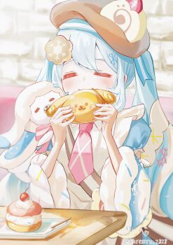 1girl :3 absurdres apron aqua_hair beret blush brown_hat character-themed_food closed_eyes closed_mouth commentary_request cookie_hair_ornament fang food food-themed_hair_ornament fortissimo frilled_apron frills fur-trimmed_sleeves fur_trim hair_between_eyes hair_ornament hat hatsune_miku highres holding holding_food kureseru_2828 long_hair looking_at_viewer musical_note musical_note_hair_ornament necktie official_alternate_costume official_alternate_hairstyle pink_necktie rabbit_yukine short_sleeves skin_fang smile solo twintails upper_body very_long_hair vocaloid white_apron wide_sleeves yuki_miku yuki_miku_(2026)