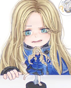 Rule 34 | 1boy, 1girl, ?, absurdres, aqua eyes, artist name, blonde hair, blue coat, character figure, coat, commentary, diana (pragmata), english commentary, figure, helmet, highres, hugh williams, long hair, looking at object, massimo, padded coat, parted lips, pragmata, space helmet, upper body