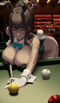 1girl absurdres animal_ears ball bare_shoulders billiard_ball billiards black_hair black_leotard blue_archive blurry blurry_background blush breasts cleavage cue_stick dark-skinned_female dark_skin detached_collar fake_animal_ears fishnet_pantyhose fishnets gloves halo highleg highleg_leotard highres holding holding_cue_stick karin_(blue_archive) karin_(bunny)_(blue_archive) large_breasts leavv leotard long_hair looking_at_viewer pantyhose playboy_bunny ponytail pool_table rabbit_ears rabbit_tail sidelocks solo table tail very_long_hair white_gloves yellow_eyes