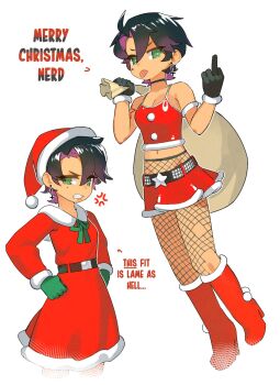 1girl alternate_costume annoyed armband bare_shoulders boots borrowed_character chikuwa_fan973 choker christmas commentary cross earrings english_commentary english_text fishnet_pantyhose fishnets gloves goth_fashion green_eyes hat high_heels highres inverted_cross jewelry middle_finger midriff original pantyhose santa_costume santa_hat tomboy tongue tongue_out torn_clothes torn_pantyhose