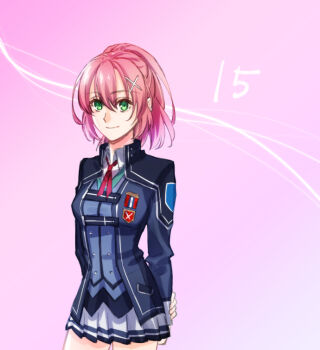 Rule 34 | 1girl, arms behind back, bob cut, breasts, closed mouth, commentary request, countdown, cowboy shot, double-parted bangs, eiyuu densetsu, folded collar, green eyes, hair between eyes, hajimari no kiseki, jacket, juna crawford, lll15u18, long sleeves, looking at viewer, medium breasts, necktie, pink background, pink hair, red necktie, school uniform, short hair, short necktie, simple background, skirt, smile, solo, thors military academy branch campus uniform, upper body