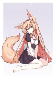 Rule 34 | 1girl, :3, absurdres, animal ear fluff, animal ears, apron, barefoot, black dress, blue eyes, breasts, brown hair, closed mouth, commentary request, dress, eyebrows hidden by hair, fox ears, fox girl, fox tail, full body, hair between eyes, hair ornament, hairclip, highres, long hair, looking at viewer, maid, original, ribbon, sitting, small breasts, solo, sticker, sticker on face, tail, toes, waist apron, waist ribbon, wariza, white apron, white ribbon, ze zhi ai