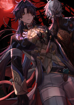 2boys absurdres bandaged_arm bandaged_leg bandages bandages_over_clothes blade_(honkai:_star_rail) chinese_clothes closed_mouth dual_persona earrings from_below highres honkai:_star_rail honkai_(series) jewelry long_hair looking_at_viewer male_focus monyo_ex moon multiple_boys parted_lips red_eyes red_moon red_sky sky solo_focus yingxing_(honkai:_star_rail)