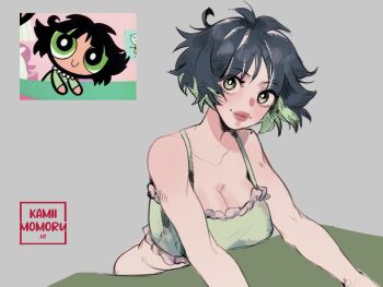 1girl aged_up alternate_breast_size_(larger) artist_name black_hair blush bra breasts buttercup_(ppg) buttercup_redraw_challenge_(meme) cleavage frills green_bra green_eyes green_hair grey_background highres kamii_momoru large_breasts looking_at_viewer meme multicolored_hair powerpuff_girls reference_inset reference_photo screenshot_inset shadow simple_background smile solo two-tone_hair underwear upper_body