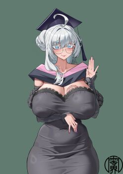 absurdres black_hat body_markings breasts covered_erect_nipples covered_navel dress glasses hair_bun hat highres large_areolae large_breasts low_side_ponytail nail_polish original puffy_nipples side_ponytail tight_clothes tight_dress white_hair xox1179875