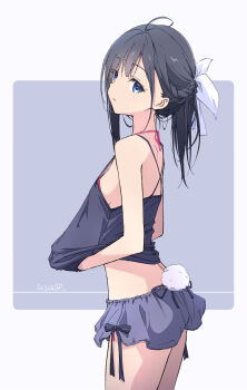 1girl black_camisole black_hair bloomers blue_eyes breasts camisole closed_mouth commentary_request dated hair_ribbon highres looking_at_viewer medium_hair midriff monai-chan_(nii_manabu) nii_manabu original ribbon signature small_breasts solo standing thighs underwear white_ribbon