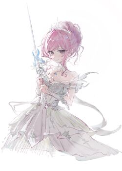 1girl absurdres armor bare_shoulders blue_gemstone breastplate brown_eyes chest_jewel chinese_commentary closed_mouth collar commentary_request cropped_legs cross cross_print detached_collar dot_nose dress eyelashes eyes_visible_through_hair fengyuyulai76327 frilled_arm_warmers gem hair_bun happy highres holding holding_sword holding_weapon infinity_nikki lace_collar light_blush looking_at_viewer melody_bloom_(infinity_nikki) nikki_(nikki) nikki_(series) off-shoulder_dress off_shoulder pink_hair pleated_dress print_dress rapier short_dress short_hair short_hair_with_long_locks short_sleeves sidelocks simple_background single_hair_bun smile solo sword tiara updo wavy_hair weapon white_arm_warmers white_background white_collar white_dress