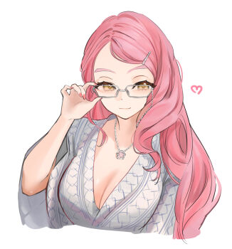 1girl absurdres bath_yukata blush breasts cleavage commentary_request fate/grand_order fate_(series) glasses hair_ornament hairclip heart highres japanese_clothes jewelry kimono koyanskaya_(fate) koyanskaya_(over_the_same_sky)_(fate) large_breasts long_hair long_sleeves looking_at_viewer mikon_(nicknqme) necklace pink_hair smile solo swept_bangs white_kimono yellow_eyes yukata