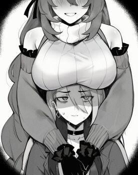 2girls anger_vein bare_shoulders blush breasts choker detached_sleeves dress earrings eyes_out_of_frame female_trainer_(umamusume) gloves greyscale grin hair_between_eyes head_out_of_frame highres hug hug_from_behind jacket jewelry large_breasts long_hair masoq monochrome multiple_girls shaded_face sidelocks smile super_creek_(umamusume) trainer_(umamusume) turtleneck turtleneck_dress umamusume