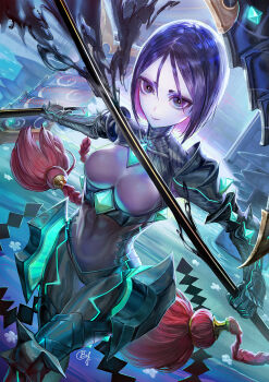 1girl b.c.n.y. black_bodysuit black_eyes bodysuit breasts covered_navel dual_wielding fate/grand_order fate_(series) grey_bodysuit highres holding katana looking_at_viewer medium_breasts multicolored_bodysuit neon_trim parted_bangs purple_hair short_hair solo sword thighs two-tone_bodysuit ushi_gozen_(avenger)_(fate) ushi_gozen_(fate) weapon