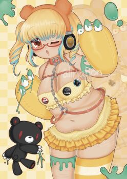 Rule 34 | 1girl, :o, alination, bear paws, blonde hair, blue hair, bra, breasts, chain, checkered background, cleavage, collar, frilled bra, frilled skirt, frills, glasses, gloomy bear, green liquid, grg x super sonico, headphones, highres, itazuraguma no gloomy, large breasts, miniskirt, multicolored hair, navel, nitroplus, one eye closed, open mouth, orange eyes, plump, red-framed eyewear, single thighhigh, skindentation, skirt, solo, streaked hair, striped clothes, striped thighhighs, super pochaco, super sonico, thick thighs, thighhighs, thighs, twintails, underwear, watermark, yellow background, yellow bra, yellow skirt, zoom layer