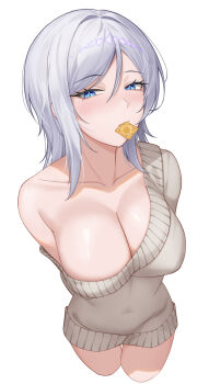 1girl blue_eyes breasts cleavage collarbone commentary condom condom_in_mouth english_commentary faust_(project_moon) grey_hair hair_between_eyes highres large_breasts light_blush limbus_company looking_at_viewer mouth_hold project_moon simple_background sweater zerobig