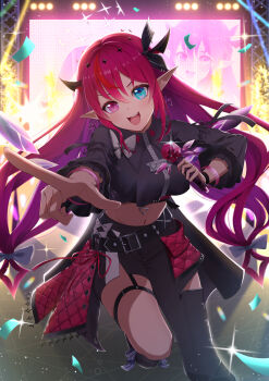 1girl absurdres asymmetrical_clothes belt black_belt black_jacket black_pants blue_eyes breasts commentary commentary_request confetti cropped_jacket english_commentary foot_out_of_frame hair_between_eyes heterochromia highres holding holding_microphone hololive hololive_english idol irys_(hololive) jacket large_breasts long_hair looking_at_viewer microphone midriff mixed-language_commentary navel open_mouth pants pink_eyes pointing pointing_at_viewer pointy_ears purple_hair same1029 screen_zoom singing single_pantsleg smile solo stage thigh_strap virtual_youtuber zipper