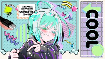 Rule 34 | 1boy, ahoge, anniversary, arrow (symbol), black hoodie, blue eyes, blush, character name, circle, commentary request, dated, green eyes, happy anniversary, heterochromia, highres, hood, hoodie, huge ahoge, mahiruno, male focus, short hair, signature, solo, star (symbol), usb cable, utatane piko, vocaloid, white hair