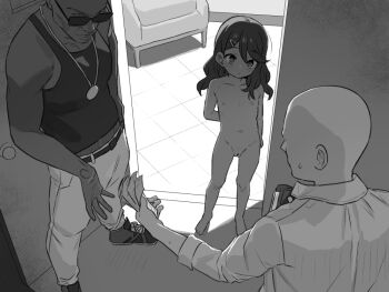 1girl 2boys age_difference arm_behind_back bald barbarian_tk blush cleft_of_venus clothed_male_nude_female completely_nude dark-skinned_male dark_skin dim_lighting fat_mons flat_chest from_inside full_body greyscale hair_between_eyes hair_ornament hairclip hetero imminent_penetration indoors interracial loli long_hair looking_at_another money monochrome multiple_boys navel nude older_male_and_younger_female original prostitution mons_pubis pussy size_difference small_areolae small_nipples standing sunglasses tank_top